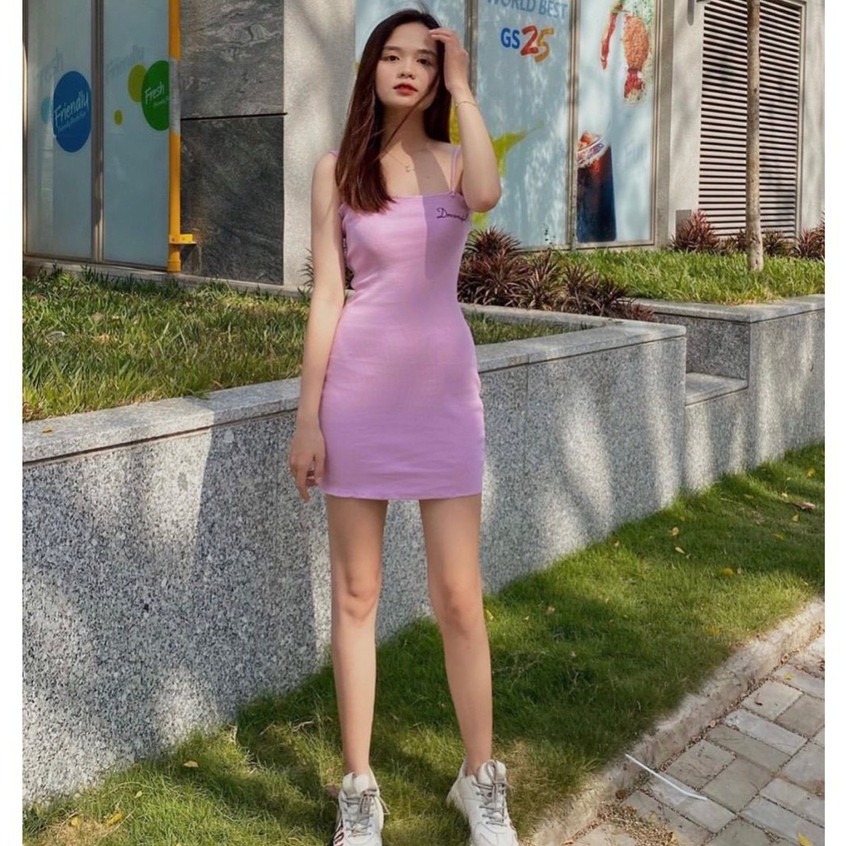 Đầm 2 Dây Ôm Body Màu Hồng Tím Thêu Dinner ANLY65