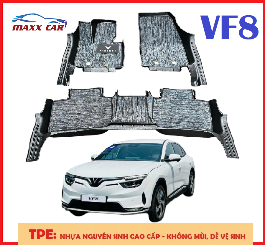 VF8 - Thảm lót sàn MAXXCAR cho xe VINFAST VF8 nhựa TPE đúc nguyên khối 5D tràn viền + Rối xám logo