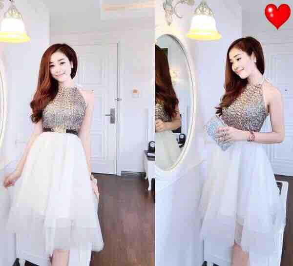 BN FASHION - Đầm xoè cổ yếm phối kim sa tùng lưới sang chảnh
