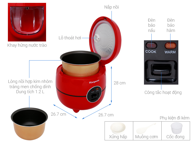 Nồi cơm điện Kangaroo 1.2 lít KG822 đỏ