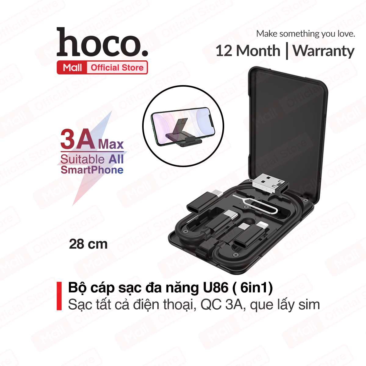 Bộ cáp sạc đa năng Hoco U86 sạc tất cả điện thoại thông minh vỏ hộp kiêm giá đỡ điện thoại