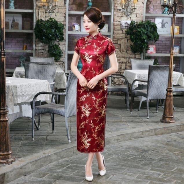 Sườn xám Dài Gấm ĐỎ Đô có hình thật