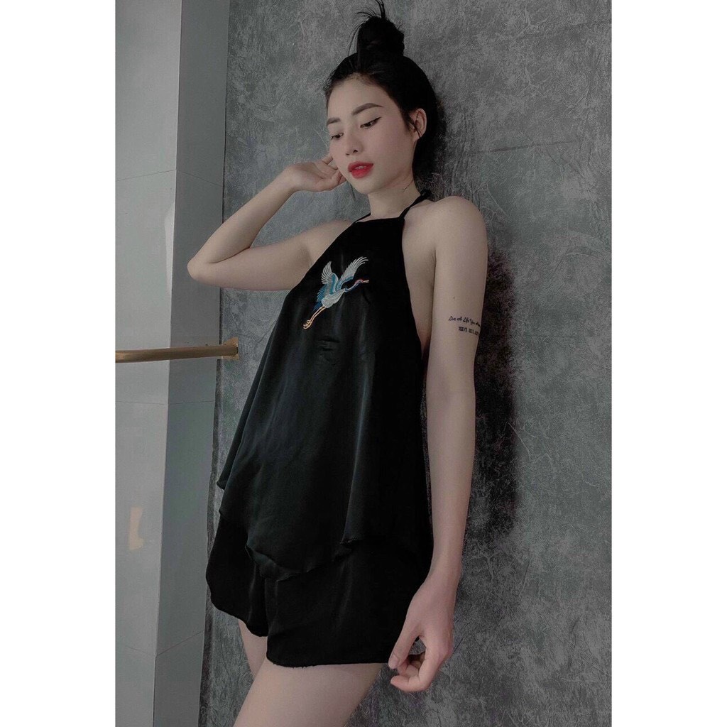 ⚡ VẢI ĐẸP ⚡ Đồ ngủ sexy / bộ mặc nhà 2 dây thêu hạc chất liệu lụa cao cấp mềm mịn kèm quần đùi siêu cute freesize dưới 58kg