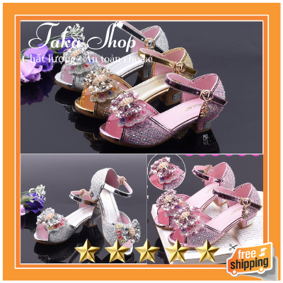 [HCM]Giày Công Chúa Bé Gái Cao Gót Nơ Bướm Đính Hột Châu Xinh Từ 3 - 10 Tuổi (HMKE)