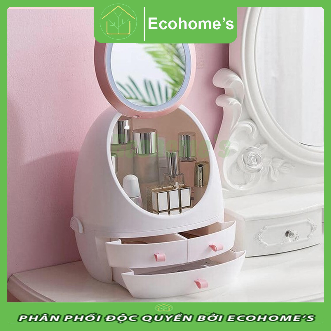 Hộp đựng mỹ phẩm hình quả trứng Ecohome's cao cấp có gắn đèn led phát sáng trên phần gương soi tiện lợi được làm từ nhựa cao cấp giúp loại bỏ bụi bẩn, ngăn chứa đồ rộng rãi có thể để được nhiều sản phẩm làm đẹp.