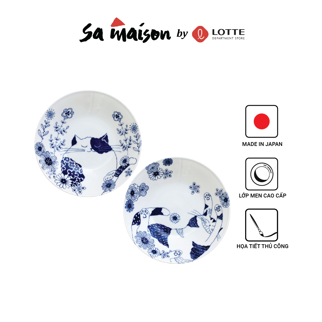 Đĩa sứ sâu lòng Kiyohara, họa tiết Ronron and Mew, KT 22.5x5cm