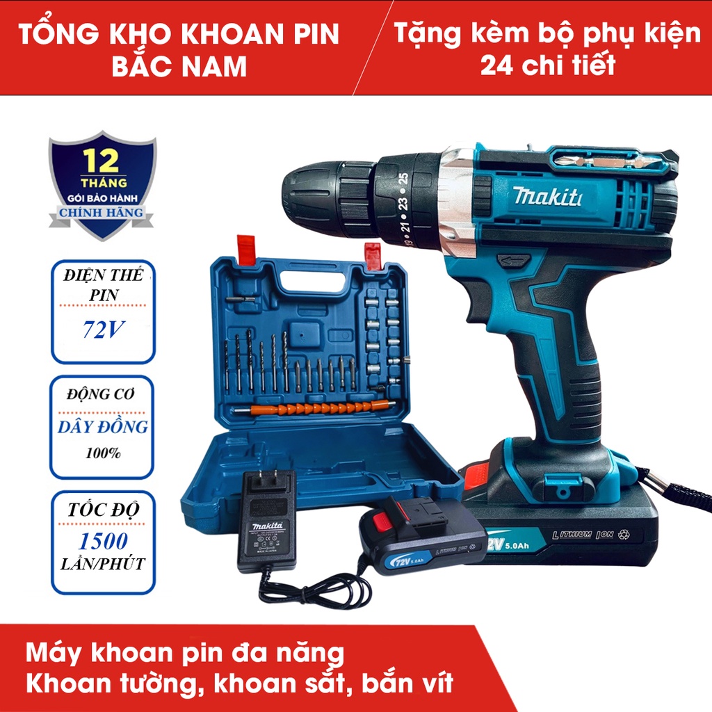 Máy khoan pin 72V Makita 3 chức năng có búa Tặng kèm 24 chi tiết gồm các mũi khoan Mũi bắt vít