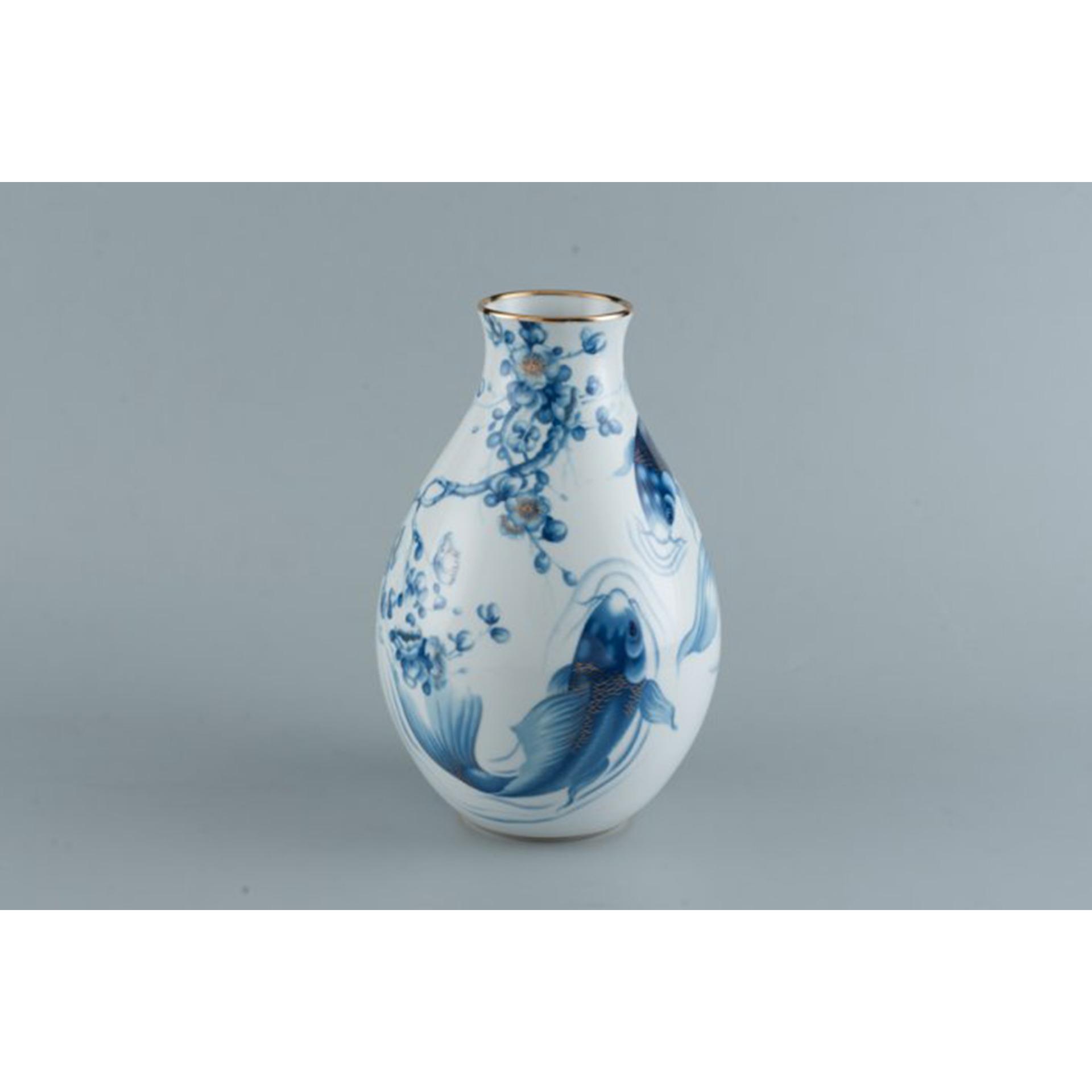 Bình Hoa Gốm Sứ Minh Long Cá Chép Cobalt 25 cm hàng đẹp cao cấp Dát Vàng 24K, dùng trang trí phòng khách, tặng quà ngày tết, nội thất nhà ở