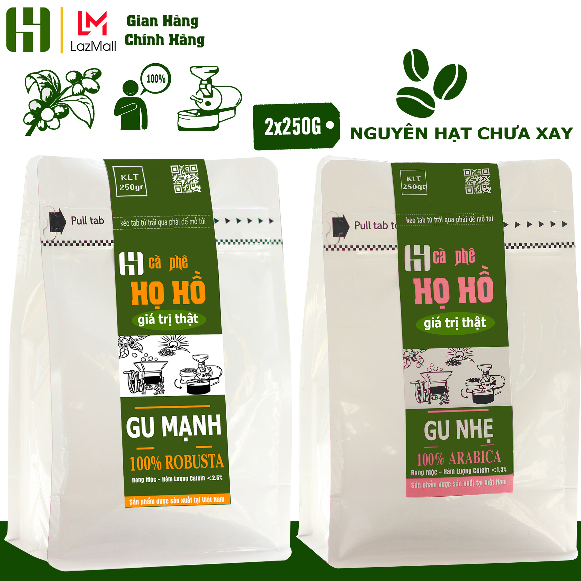 [COMBO] Cà phê HẠT GU MẠNH + GU NHẸ  rang mộc mỗi gói 250g rang mộc - sự kết hợp tuyệt vời từ hạt Arabica + hạt Robusta whole bean coffee thương hiệu cà phê Họ Hồ