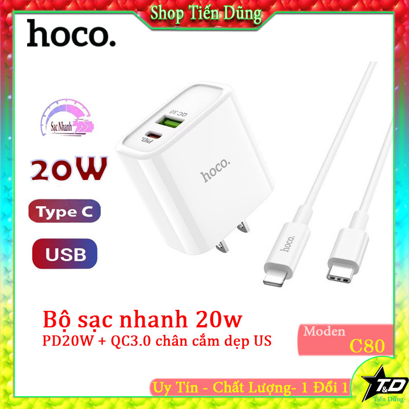 Bộ sạc nhanh 20w hoco c80 có 2 cổng ra usb + type-c, dây chân c to ip chân cắm dẹp