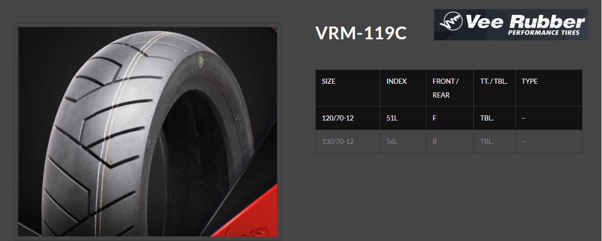 Lốp ( Vỏ) xe máy lắp cho xe Honda MSX. Size 120/70-12 51L VRM 119C & 130/70-12 56L VRM 119C & 130/70-12 62P VRM 396 ( lựa chọn)