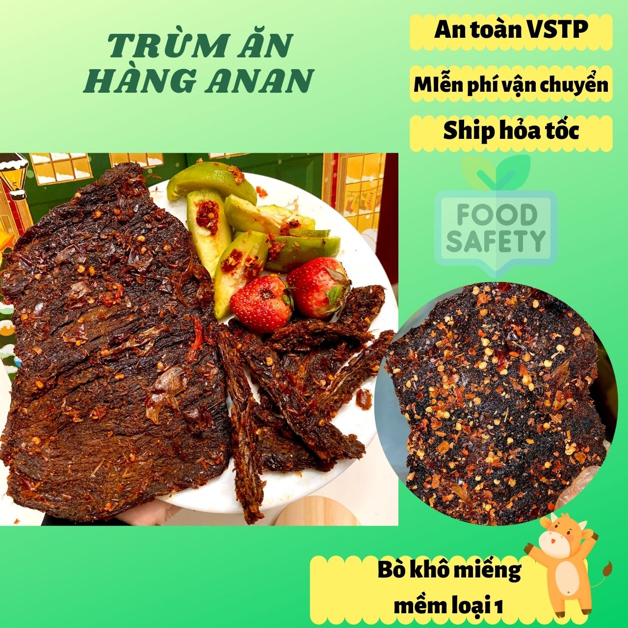 Bò khô mềm miếng, Dry beef 250gr ăn vặt chuẩn vị nhà ANAn