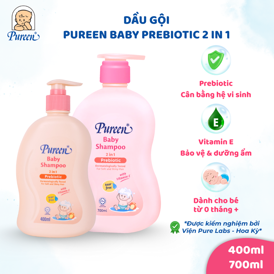Pureen Baby Prebiotic 2 in 1 Shampoo - Cleans and Nourishes Hair - 400Ml/700Ml