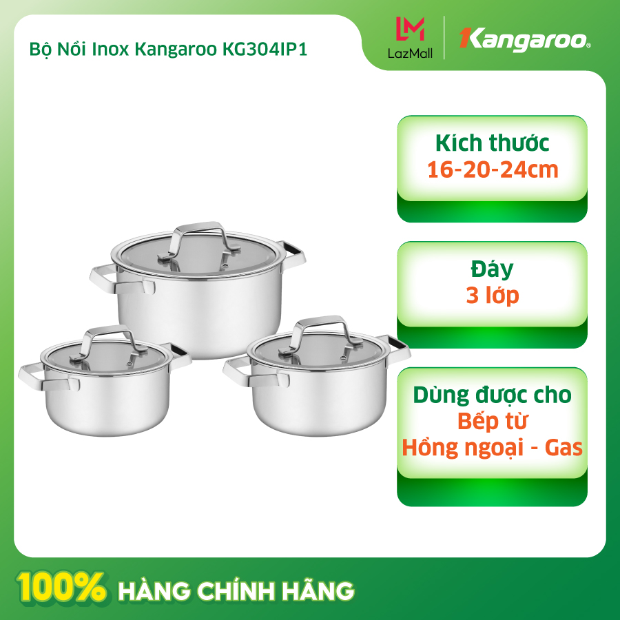Bộ 3 cái nồi inox 3 đáy nắp kính Kangaroo KG304IP1 (3 cái: 16 - 20 - 24cm) - Hàng chính hãng