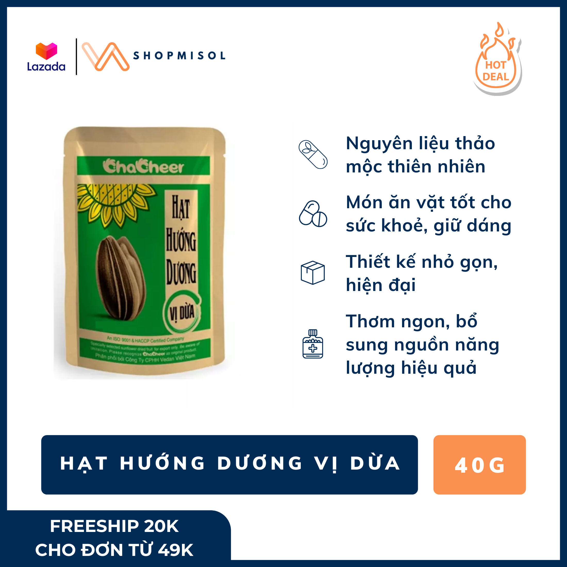 [HCM]Hạt hướng dương hạt hướng dương Chacheer tẩm vị dừa GÓI 40G - Thơm ngon giàu dinh dưỡng thiết kế nhỏ gọn thích mang theo bên người