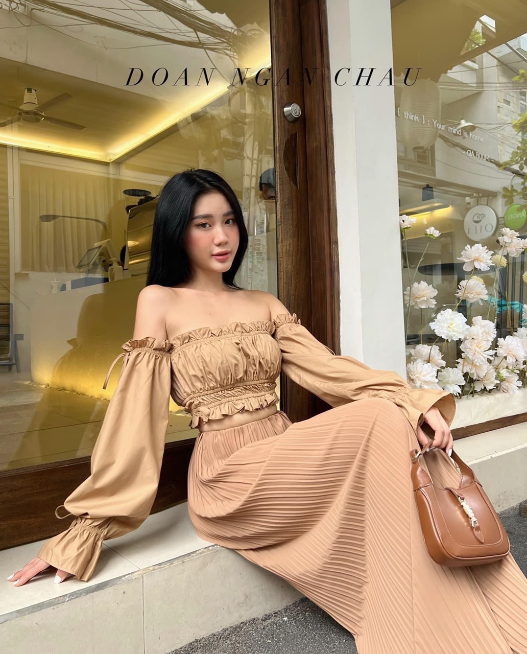 Đồ bộ nữ quần ống suông rộng , , vải lụa dập ly xốp, phối áo thời trang