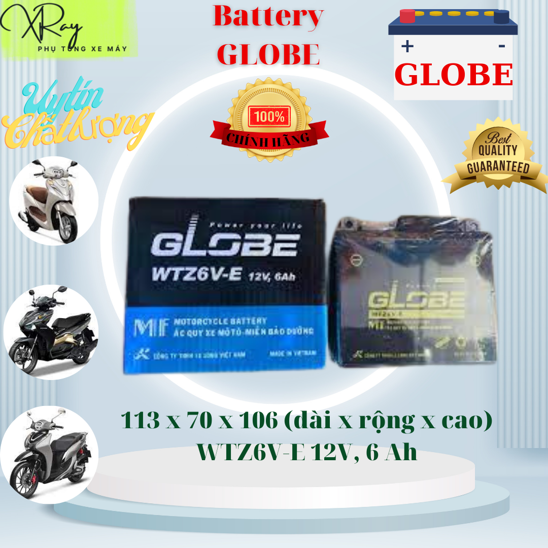 Ắc quy khô xe máy GLOBE WTZ6V-E 12V, 6Ah (10HR)  Airblade 125, Vario 125/150, Click 125, Vision 2014-2020, Mode, SH Việt Nam, PCX, Lead 125, Janus, Grande Deluxe, Nozza 2014