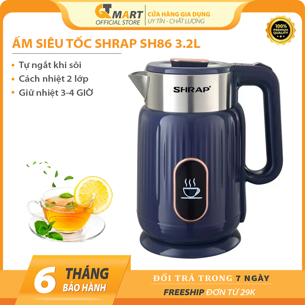 Ấm siêu tốc Sharp Model SH-86 Dung tích 3.2L Công suất 1500w Có tự ngắt khi sôi, ấm đun siêu tốc 2 lớp chống bỏng an toàn - BẢO HÀNH 6 THÁNG