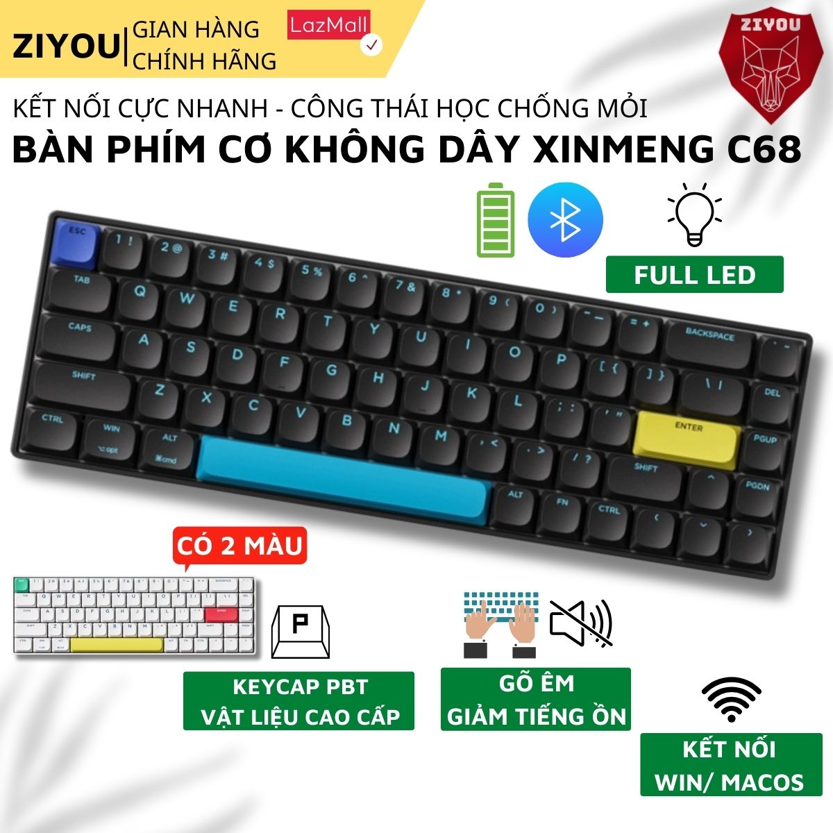 Bàn phím cơ bluetooth không dây xinmeng c68 full led red switch 68 phím 3 mode cho máy tính/laptop/ipad