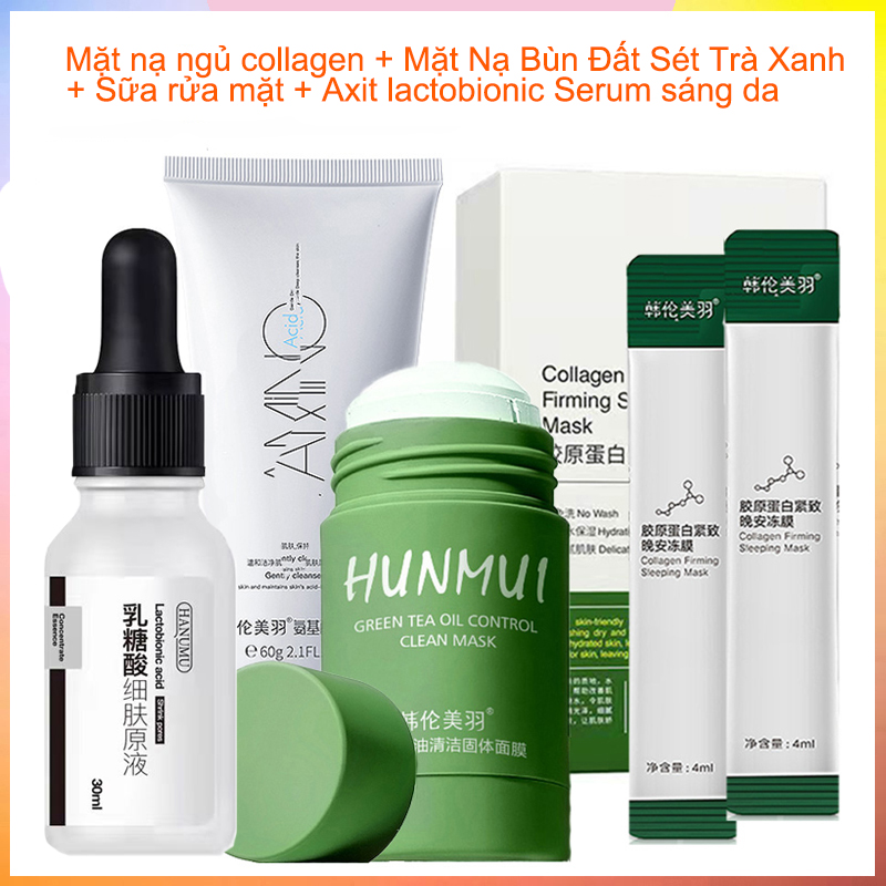Mặt nạ ngủ collagen + Mặt Nạ Bùn Đất Sét Trà Xanh + Sữa rửa mặt + Axit lactobionic Serum sáng da Bộ sản phẩm chăm sóc da 4 món