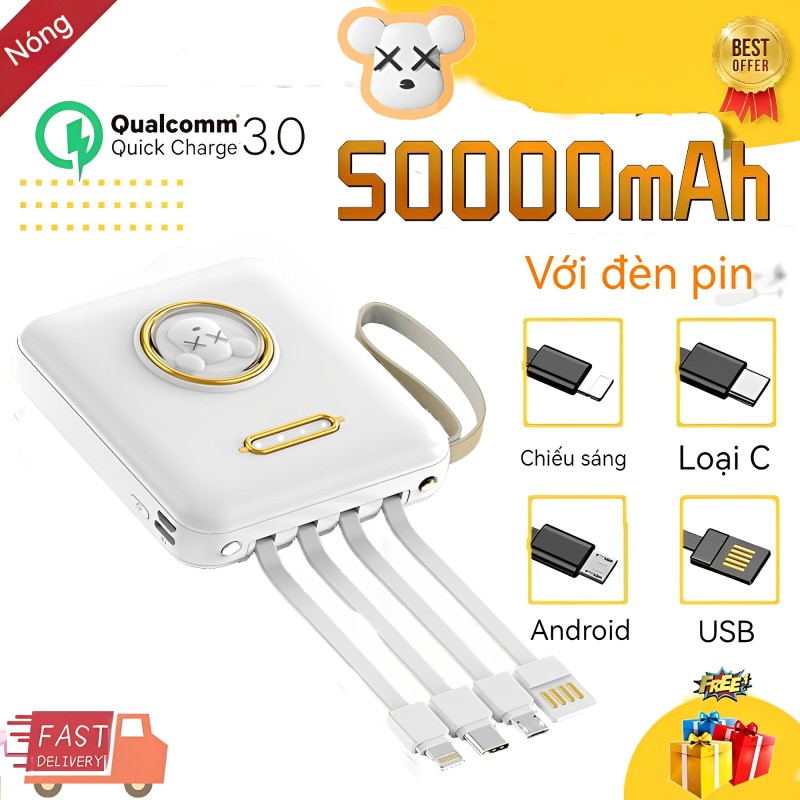 Thiết kế sạc pin dự phòng 50000mAH sạc nhanh di động mini 4 dây có thể tháo rời cho typec iOS Android typec