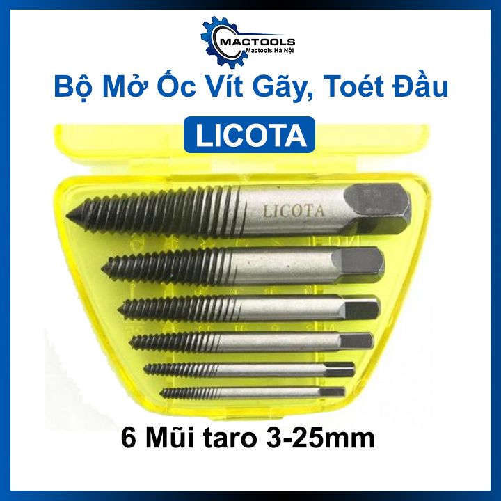Bộ 6 mũi taro 3-25mm tháo bulong, ốc vít gãy, mở khoét ốc trờn ren licota mã tap-50004