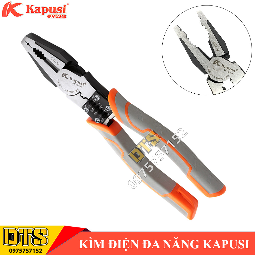 Kìm điện đa năng công nghiệp Nhật Kapusi JAPAN 8.5inch/ 210mm, thép CR-V cao cấp, độ cứng cao thiết kế tiên tiến tiết kiệm 30% lực bấm (Kẹp, Cắt, Uốn, Cuộn và Tuốt dây) kìm đa năng, kìm trợ lực kìm răng tổ hợp kìm công nghiệp