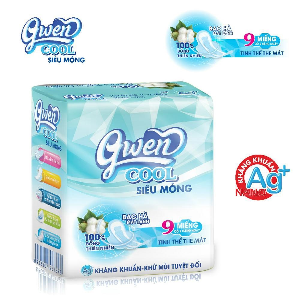 Băng vệ sinh gwen cool nyna 9 miếng, bvs ban ngày 24cm, có cánh, mặt vải mềm mại, siêu mỏng, bạc hà mát lạnh, trà xanh khử mùi, kháng khuẩn.