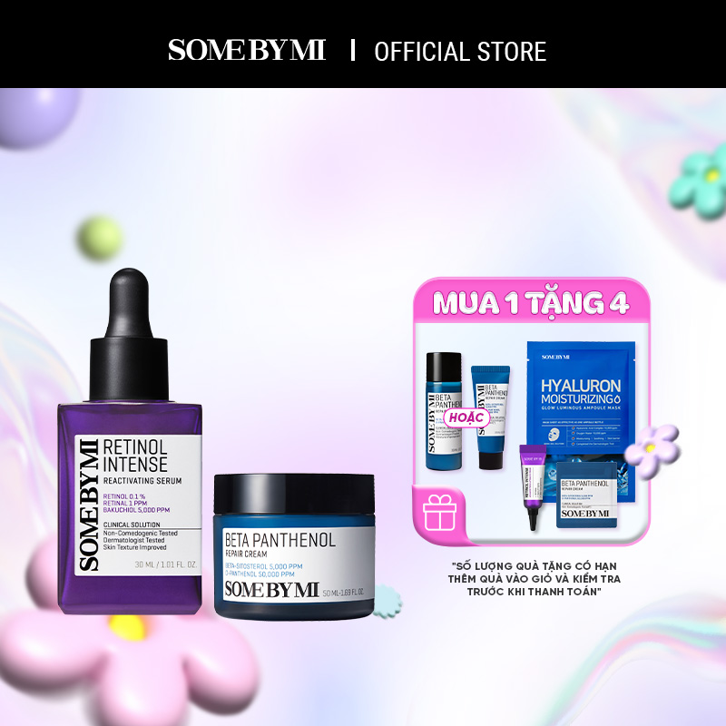 [QT 1 travelsize beta + 1 ampoule mask + 1 kem mắt 3ml + 1 kem beta 1.5ml] Combo Some By Mi Kem dưỡng ẩm Beta Panthenol Repair cream 50ml + Tinh chất Retinol Intense Reactivating Serum 30ml