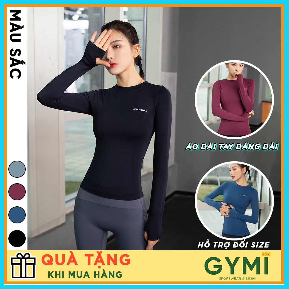 Áo tập gym yoga nữ dài tay GYMI AD02 dáng dài phủ bụng Ami Meadea chất dệt kim co giãn thể thao chạy