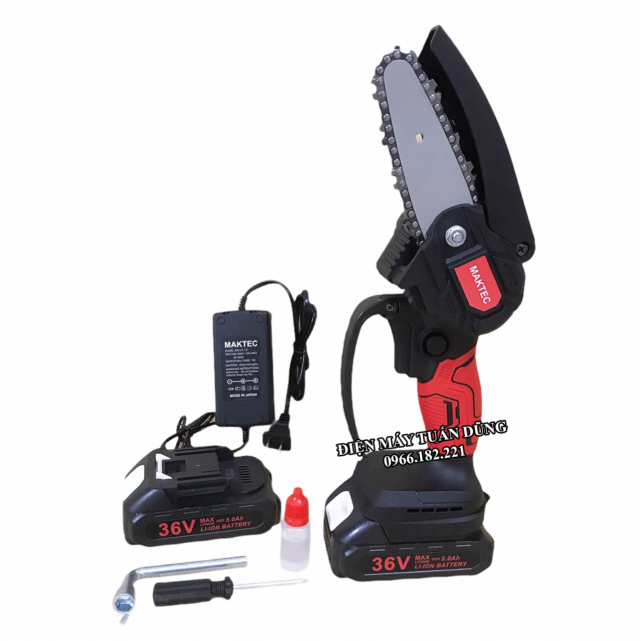 Máy cưa xích chạy pin Thương hiệu Maktec Dụng cụ thuận lợi cho cắt gỗ tỉa cây cành Kèm theo 2 pin 5 cell