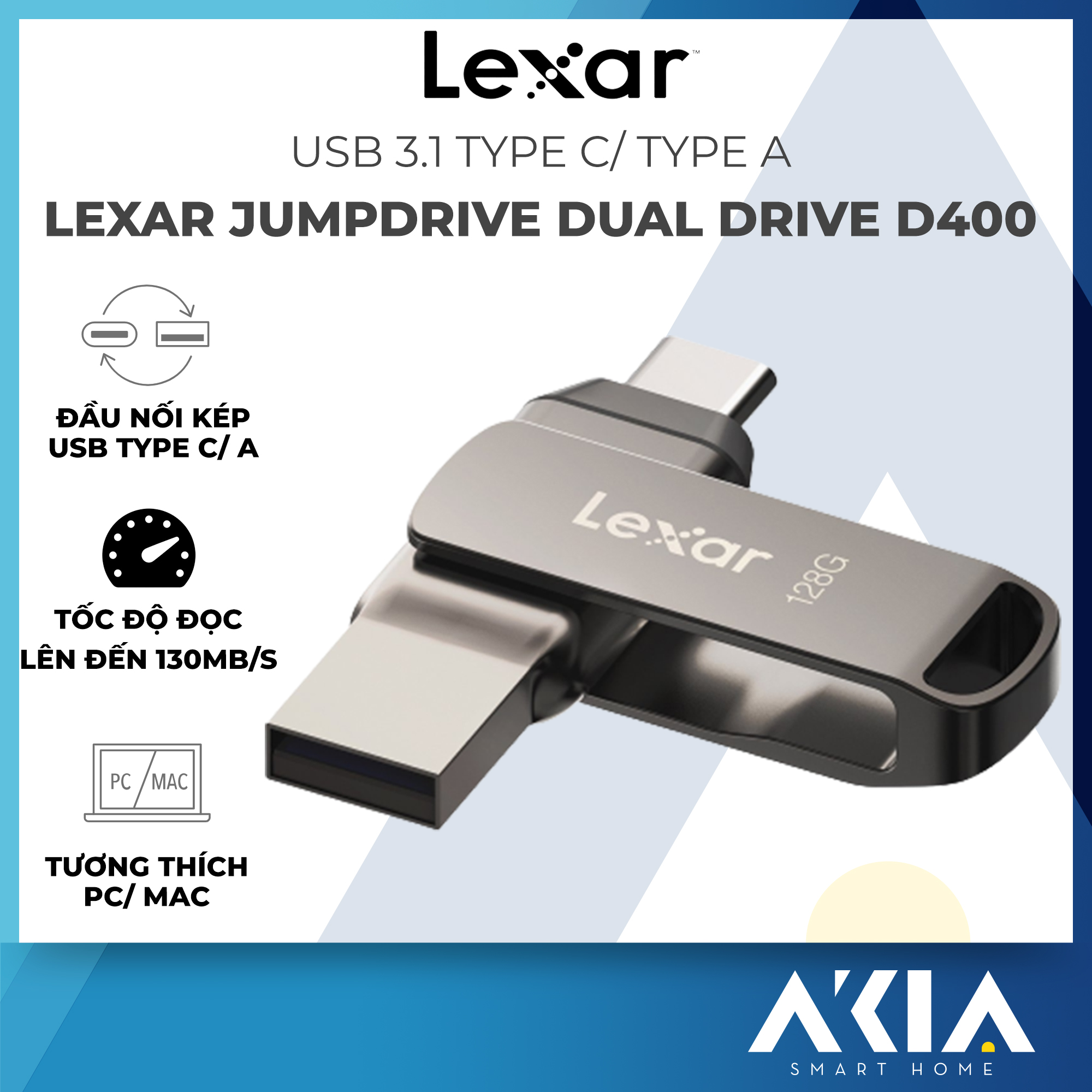 Usb 3.1 64gb/ 128gb lexar jumpdrive dual drive d400 type-c/ type-a, tốc độ đọc lên đến 130mb/s, tương thích pc/ mac