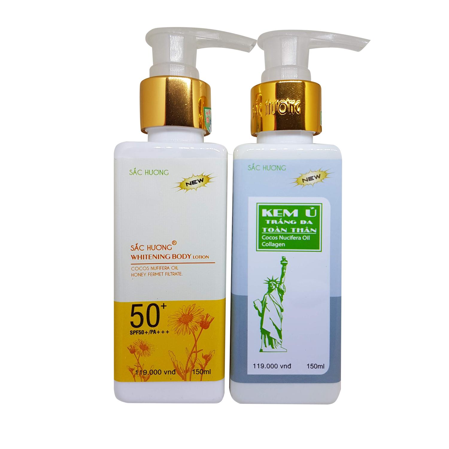 COMBO KEM SẮC HƯƠNG DƯỠNG TRẮNG DA TOÀN THÂN GIÚP CHỐNG NẮNG SPF 50 150ML + KEM SẮC HƯƠNG Ủ TRẮNG DA TOÀN THÂN 150ML
