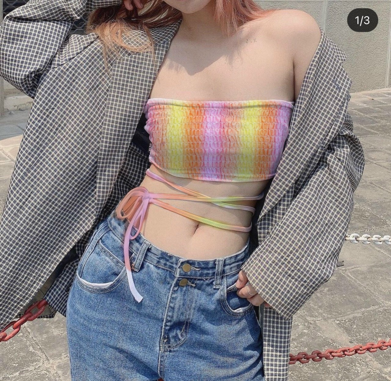 Áo ống nhúm màu cầu vồng n.uy phối dây buộc eo cực sexy chất đẹp