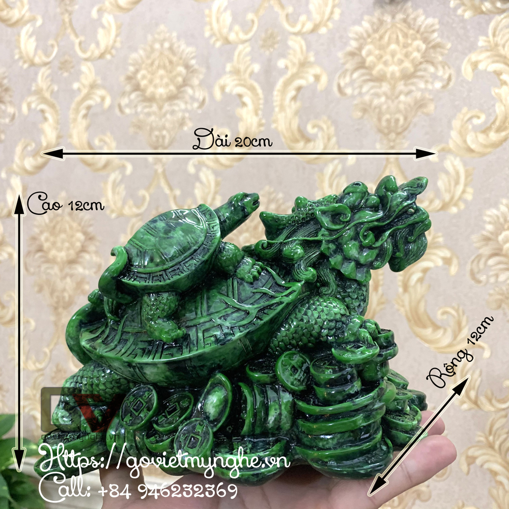 Tượng đá long quy - Rùa đầu rồng trang trí phong thủy - Long quy cõng rùa con - Dài 20cm - Xanh Lục Bích
