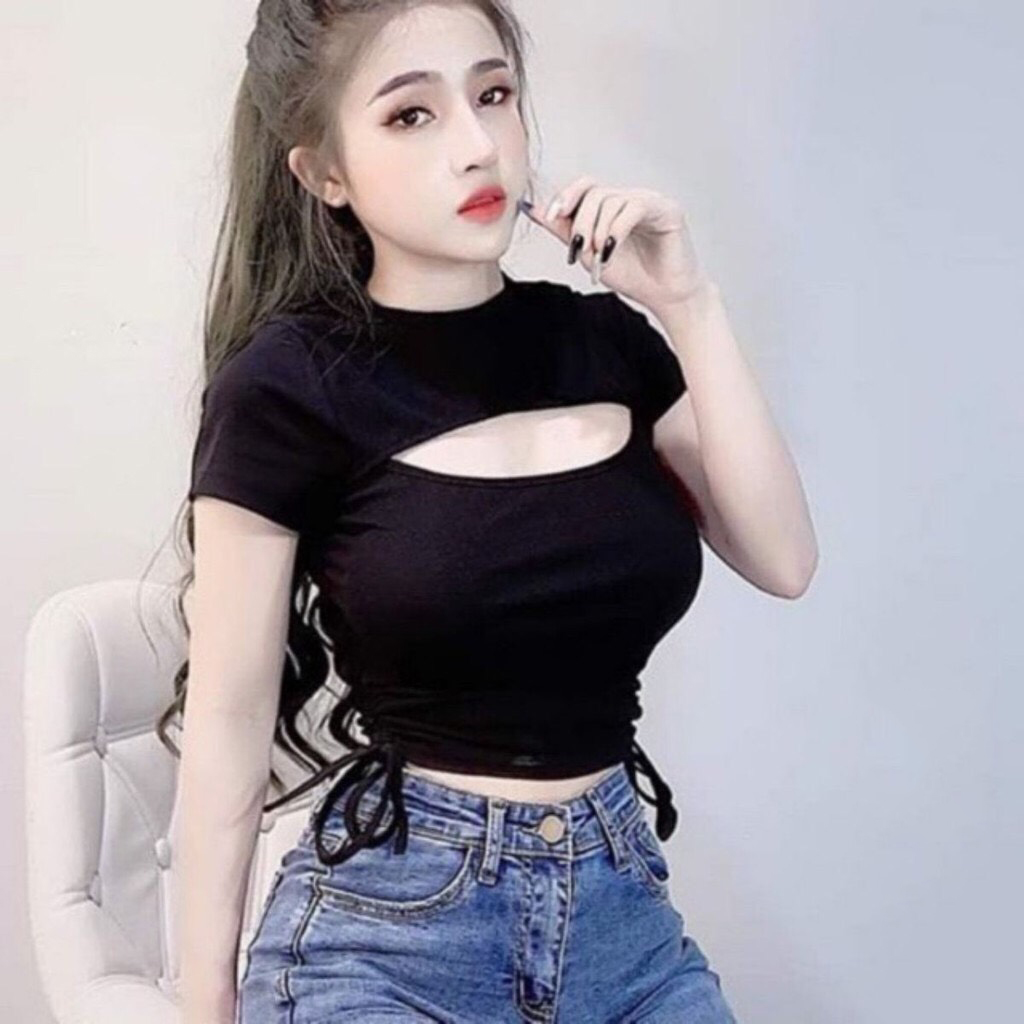 Áo croptop nữ rút dây eo kiểu khoét ngực cá tính