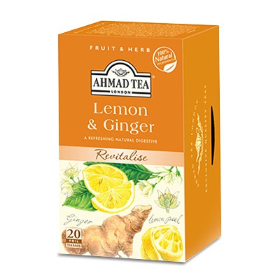 Trà thảo mộc túi lọc ahmad lemon & ginger revitalise - trà ahmad chanh & gừng hộp giấy bao thiếc 40g