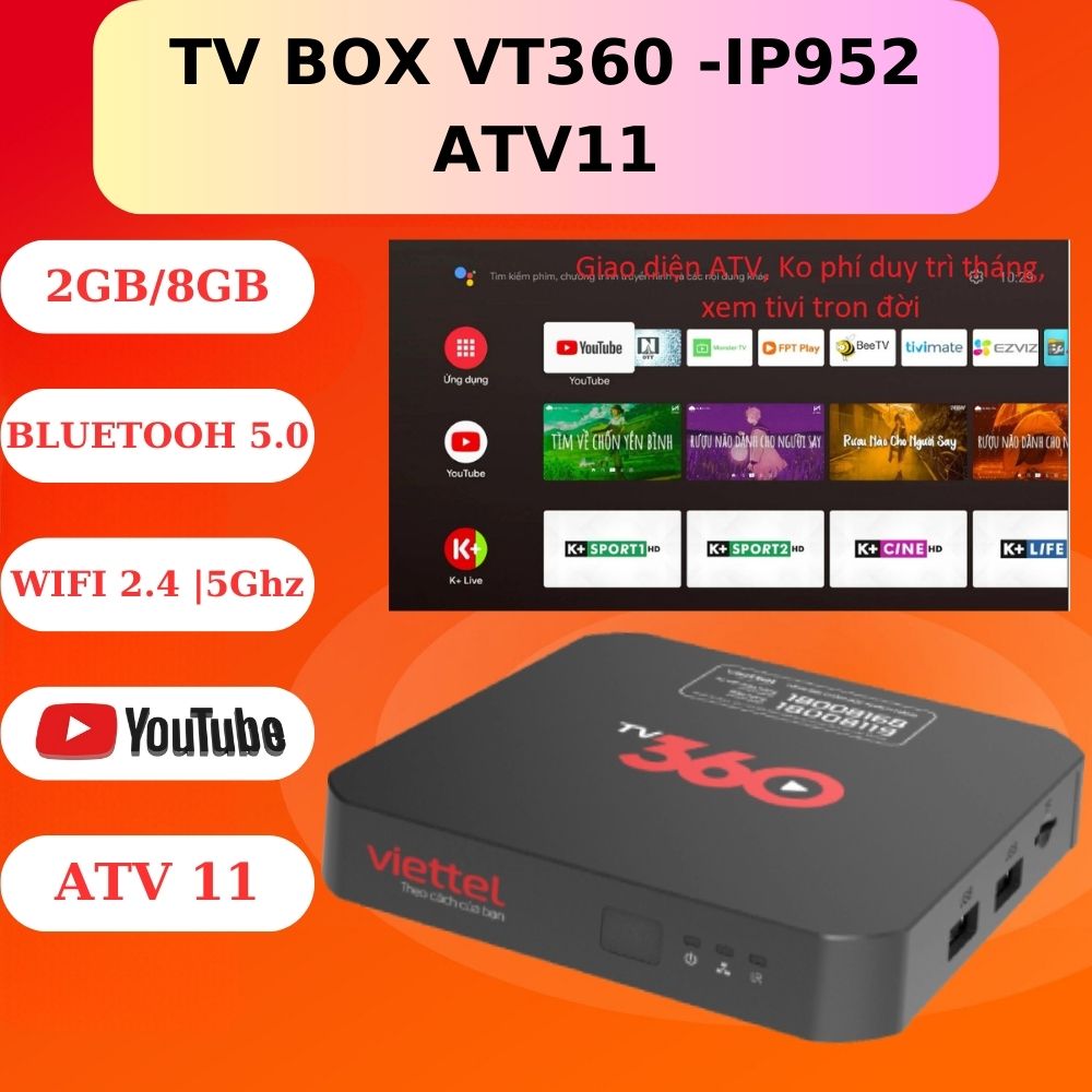 IP952- Tivi Box 360 Viettel - Android TV Box - ROM ATV11- Xem truyền hình giải trí- youtube miễn phí