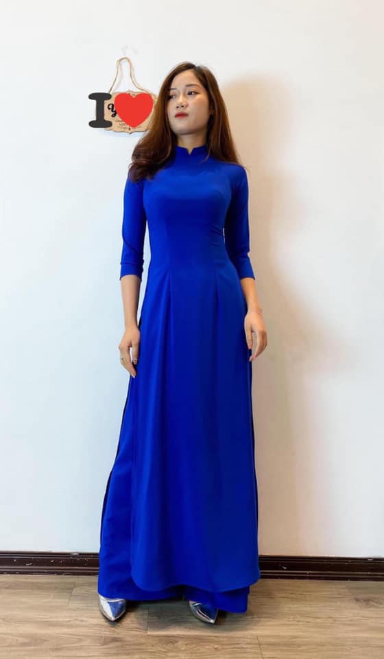 áo dài trơn xanh cô ban  co giãn tốt 2 loại cổ kèm quần cùng chất áo