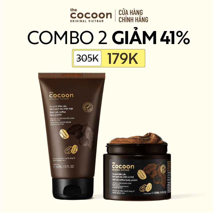 COMBO 1 Tẩy da chết mặt cà phê Đắk Lắk Cocoon cho làn da mềm mại  rạng rỡ 150ml + 1 Cà phê Đắk Lắk làm sạch da chết cơ thể 200ml