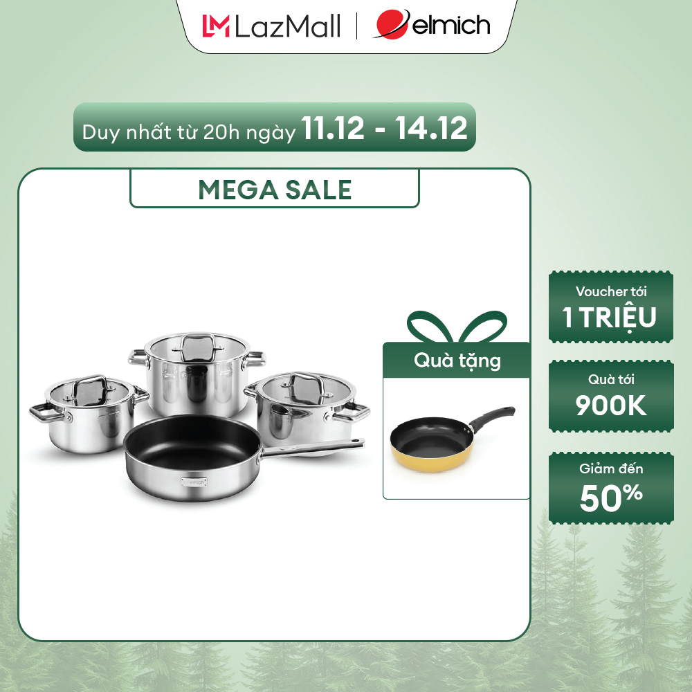 X-mas year & sale Bộ nồi inox liền khối Elmich Trimax ECO EL-8003 size 16 18 22 chảo 26cm