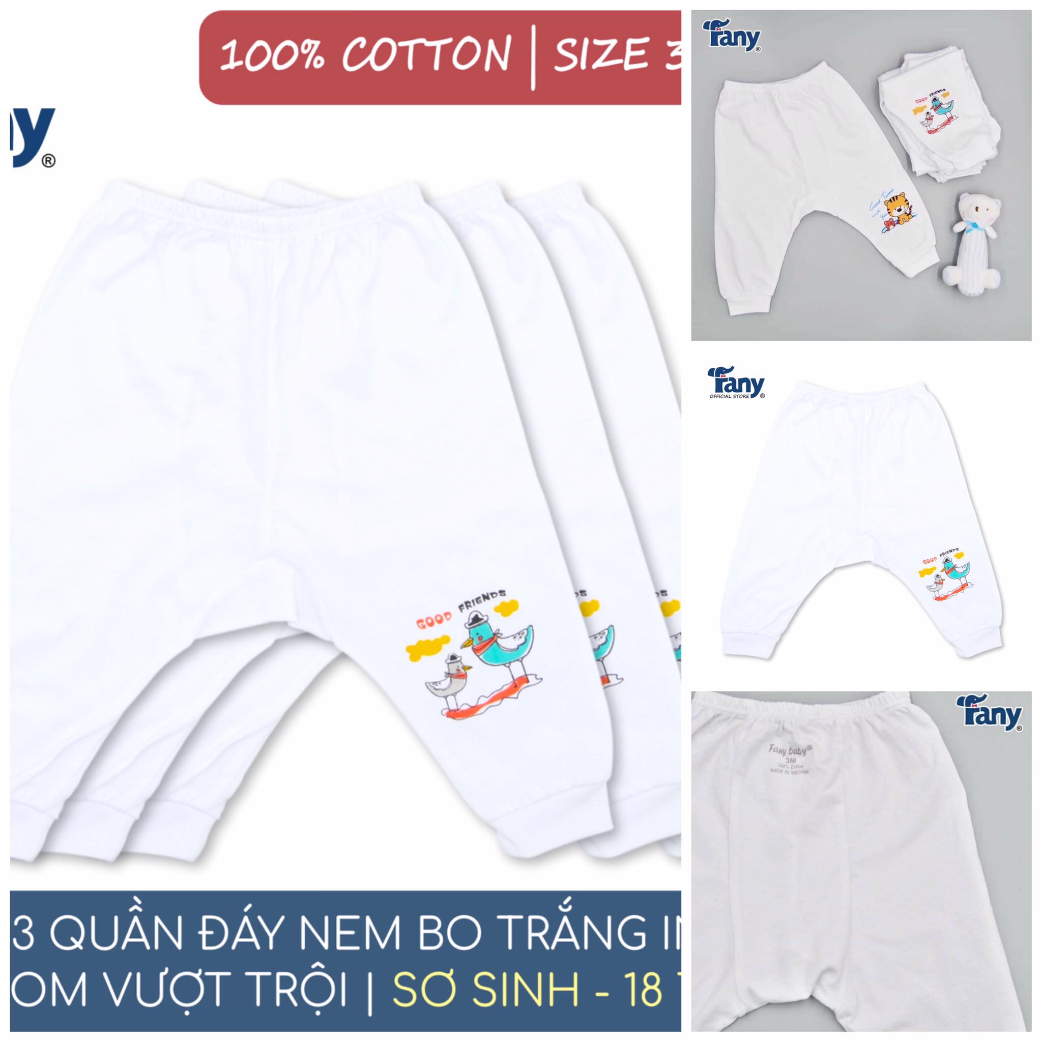 Combo 3 quần dài sơ sinh đắp đũng quần mặc tã cho bé hiệu fany 100% cotton 0-12m