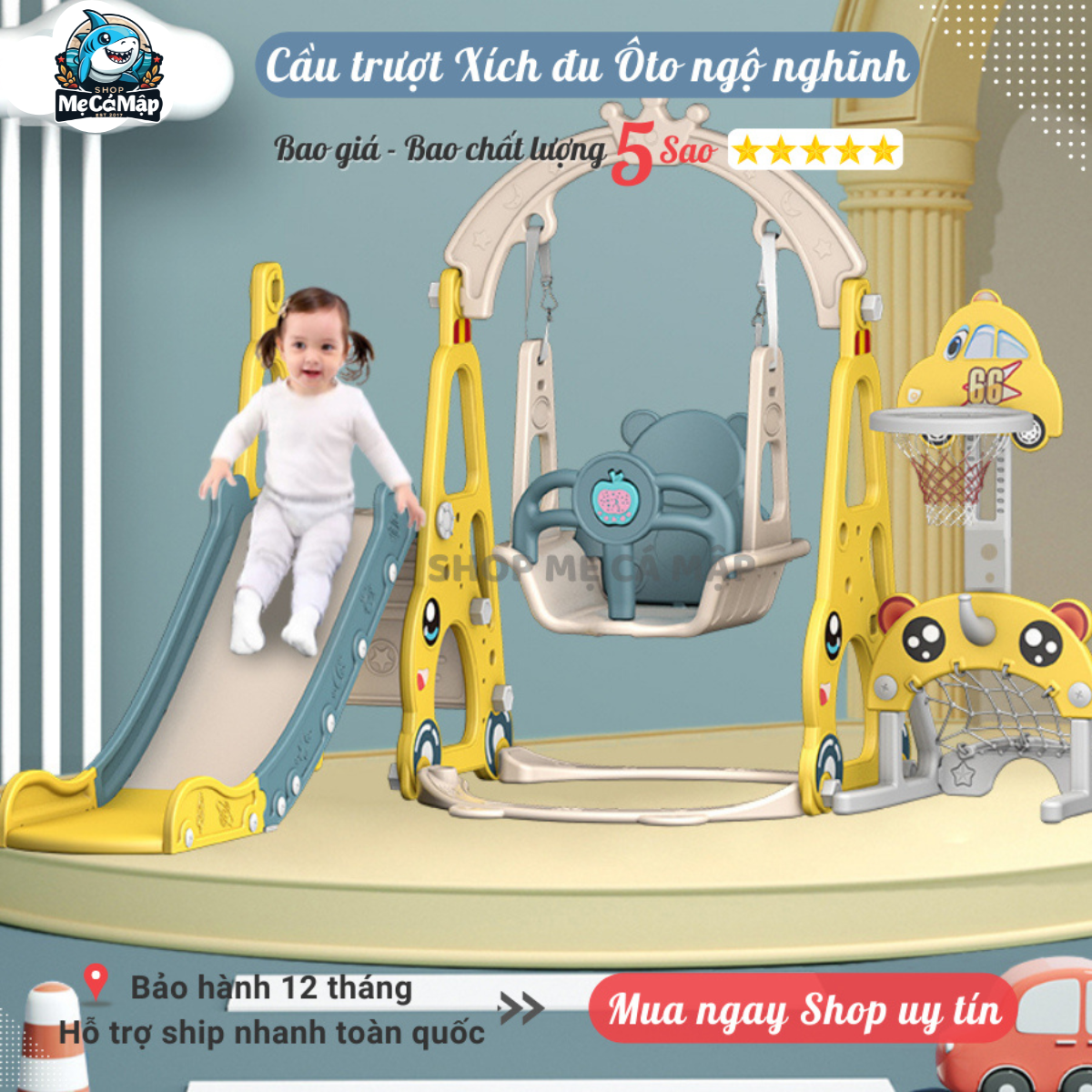 Cầu trượt xích đu Pakey ÔTÔ Cầu trượt cho bé TẰNG KÈM BÓNG RỔ Chịu tải 50kg Hàng Dày Dặn