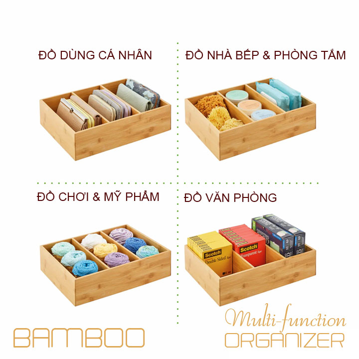 Khay gỗ tre chia ngăn đựng đồ cho nhà bếp bàn ăn phòng ngủ nhà tắm văn phòng