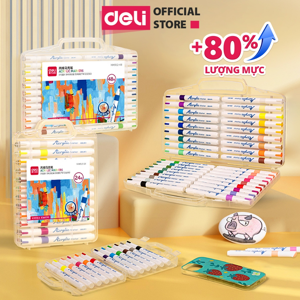 [MỚI] Bút Sơn Acrylic Marker Deli THÊM 80% MỰC - 12/24/36/48/64 Màu Tô Trên Mọi Chất Liệu DIY Vẽ Giày Vải Chai Lọ Nhựa
