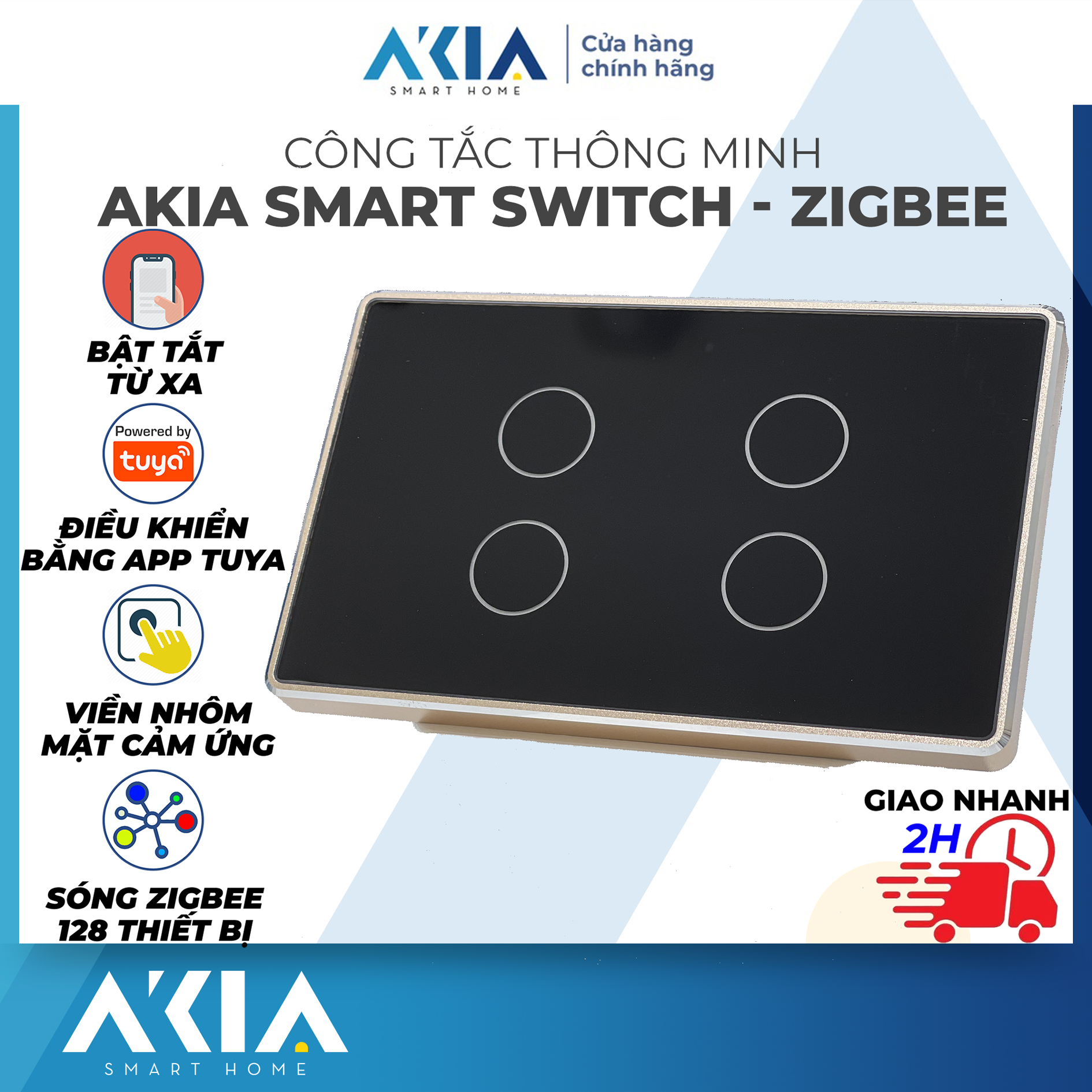 Công tắc thông minh AKIA Zigbee kính phẳng viền vàng hồng - Bật tắt bằng app Tuya Smartlife, tương thích Google và Alexa, cần có hub Zigbee