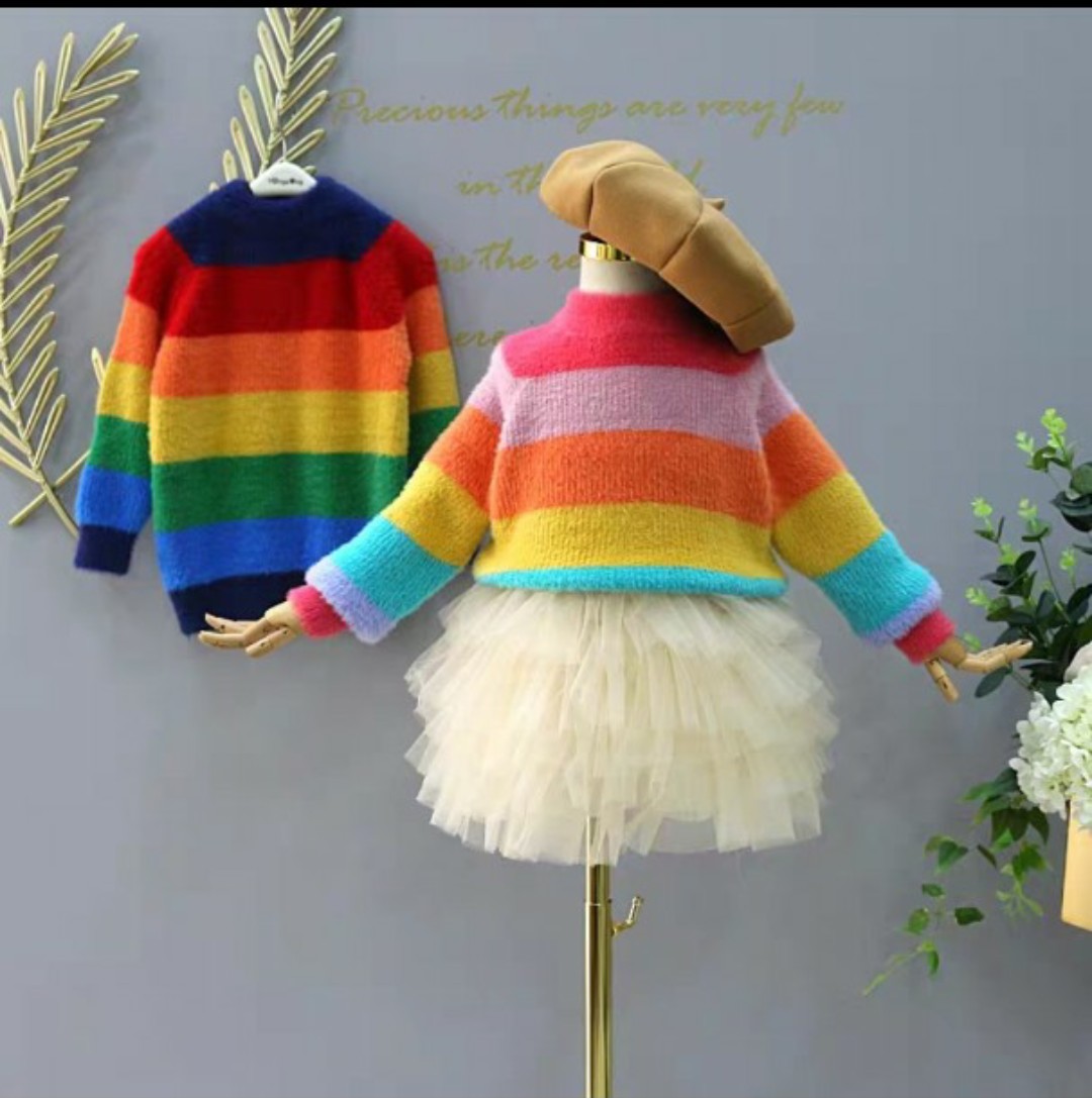 Áo len lông thỏ siêu mềm mịn cực ấm họa tiết sắc màu cầu vồng cho bé gái (hàng Quảng Châu loại 1)