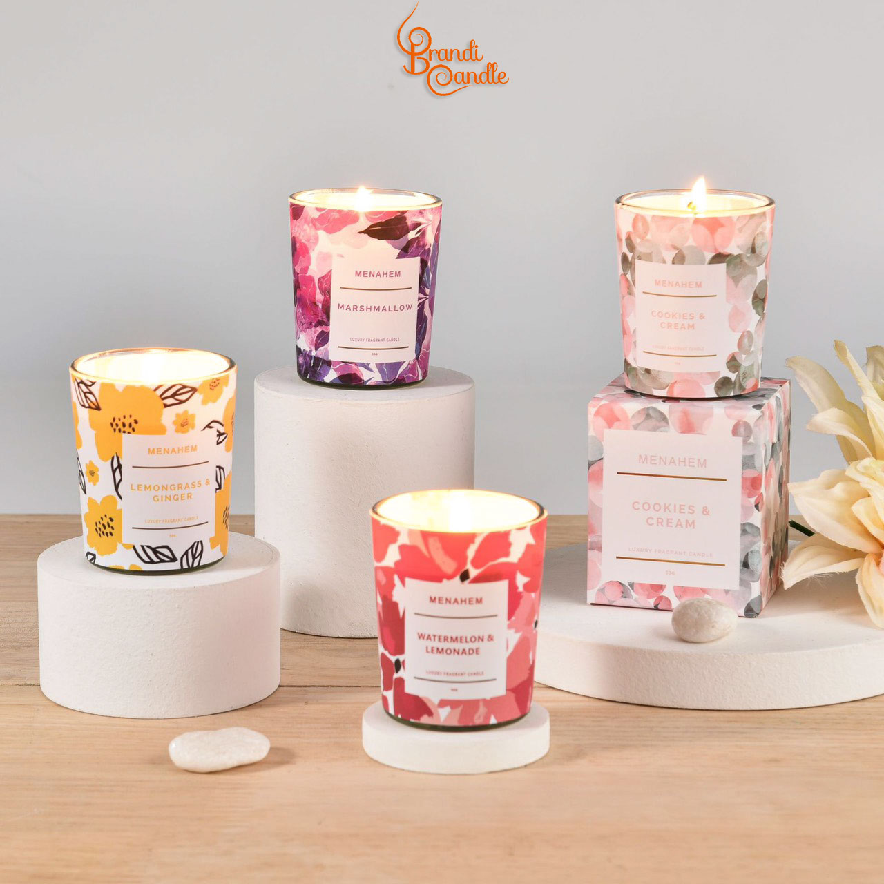 Nến Thơm Menahem Sáp Đậu Nành Hũ Hoa Văn Sắc Màu