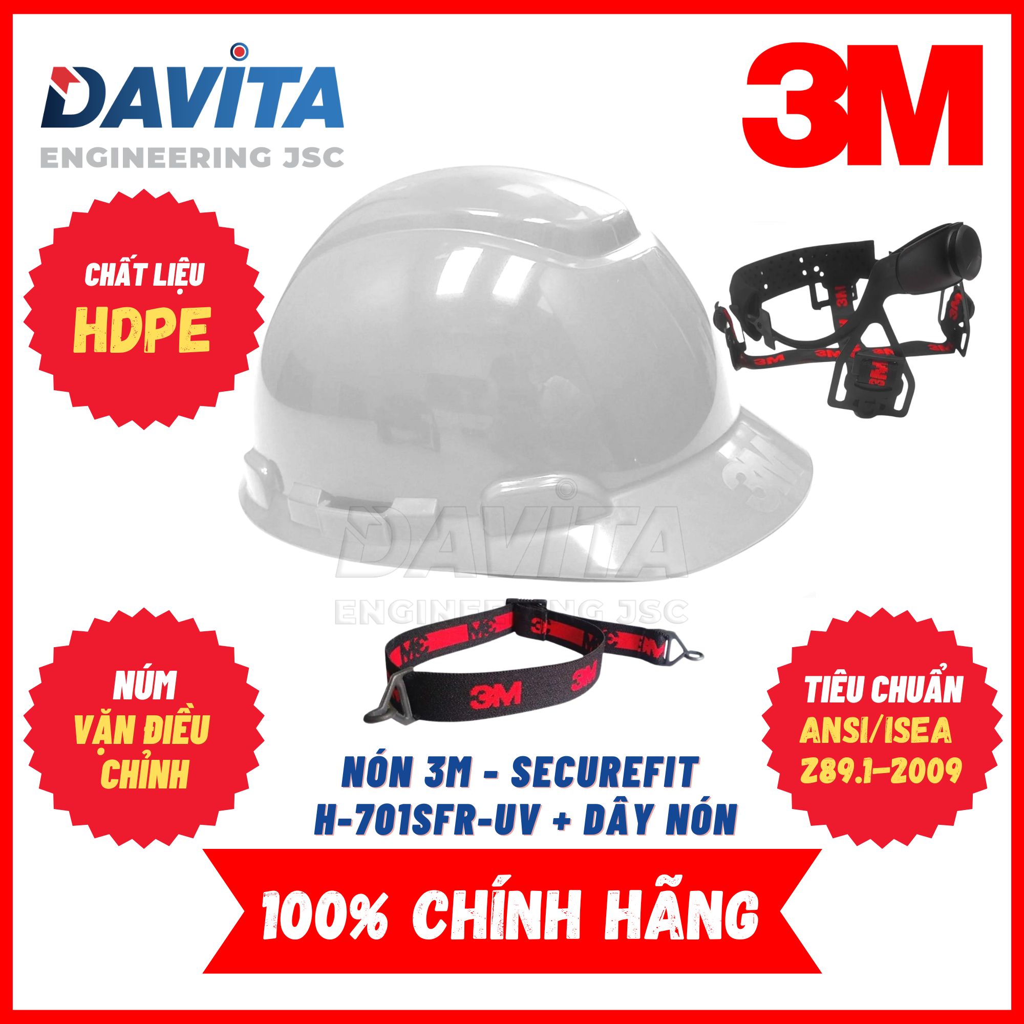 Nón bảo hộ màu trắng mẫu cải tiến 3m securefit h-701sfr-uv, đã gồm dây quai nón 1990