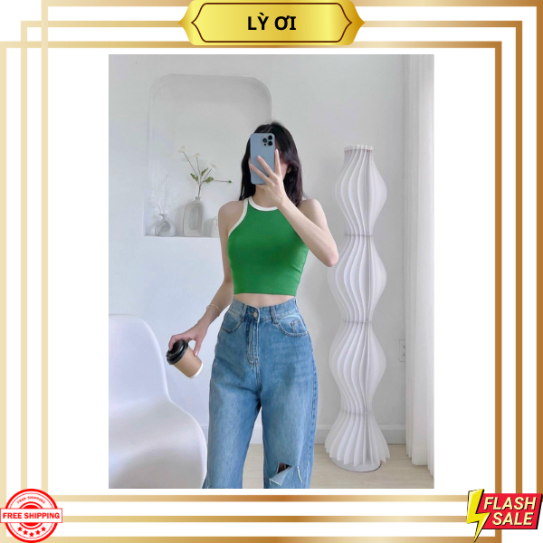 Áo croptop ba lỗ phối viền basic trơn nữ thun gân kiểu ôm body_ lỳ ơi